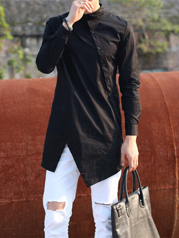 (image for) Men Solid Color Asymmetric Hem Long Sleeve Lapel Collar Shirt